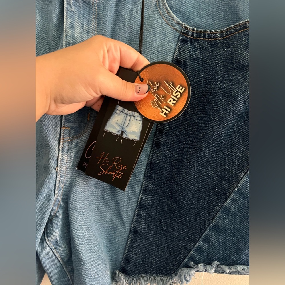 Copper Flash Hi Rise Patchwork Denim Cutoff Shortie Shorts - Picture 2 of 6